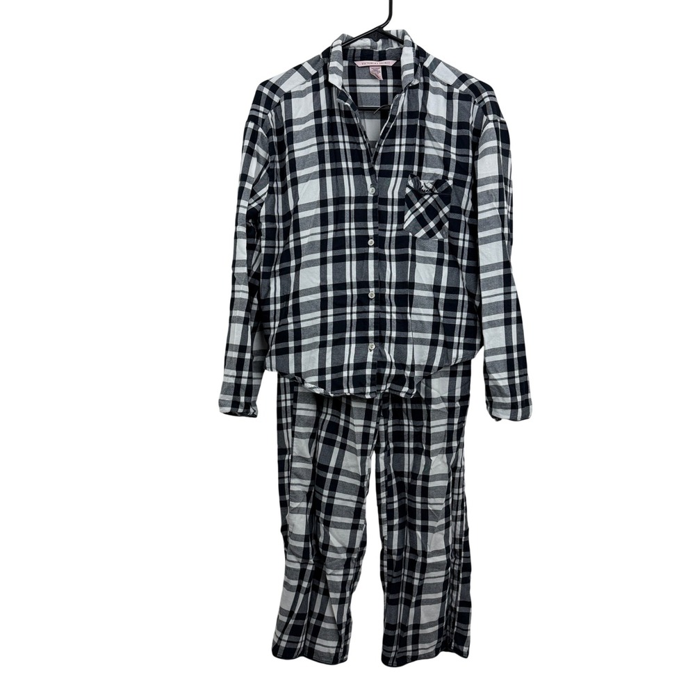 Victoria's Secret Pajamas Womens XS Black White Plaid Flannel Sleepwear Set